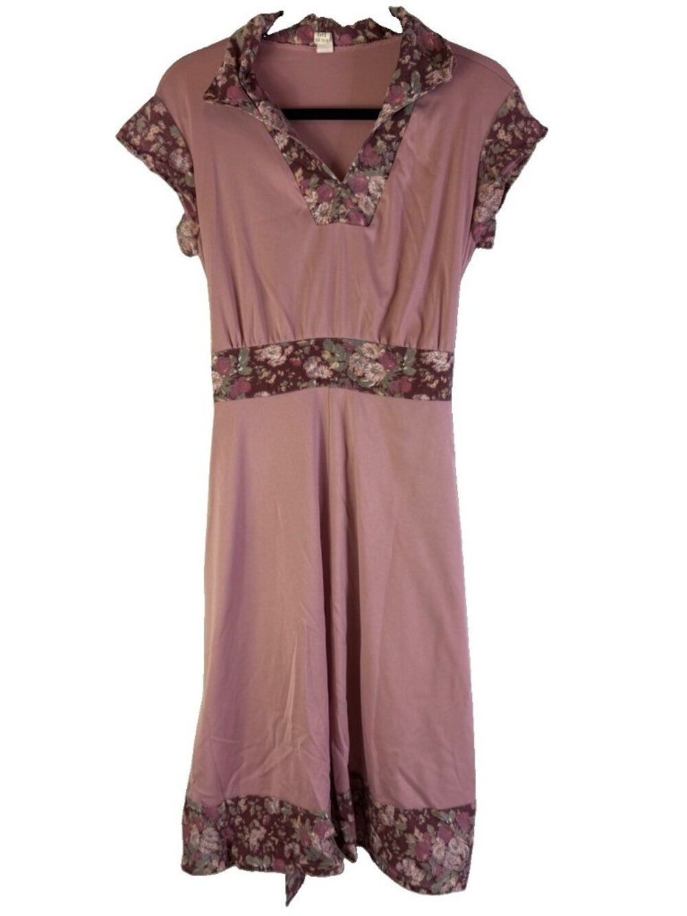 Vintage 70s Maternity Dress Dagger Collar Floral Pink Knit USA